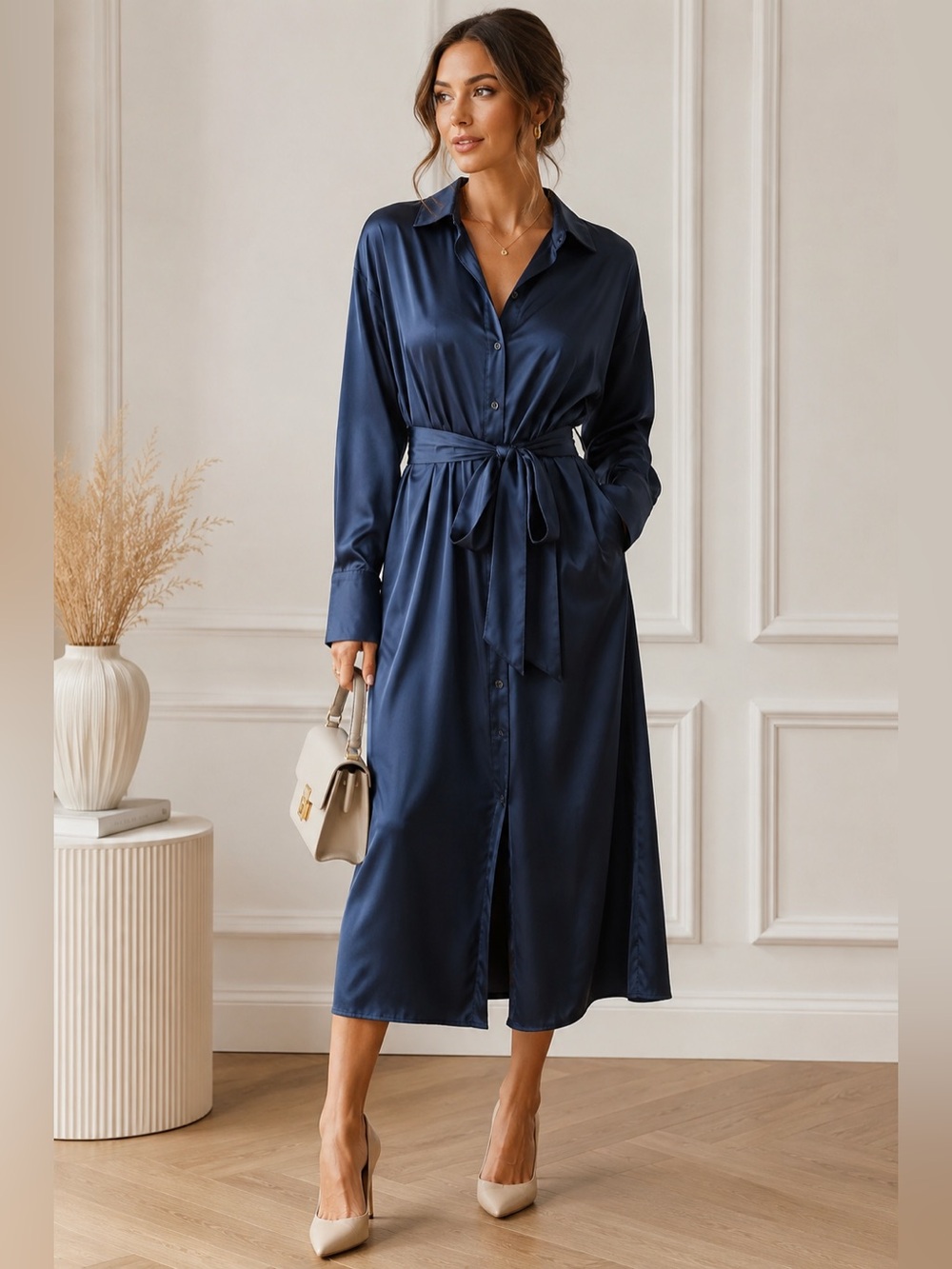 NWT Navy Satin Shirt Dress Tie Waist Maxi Oversized Collared Large